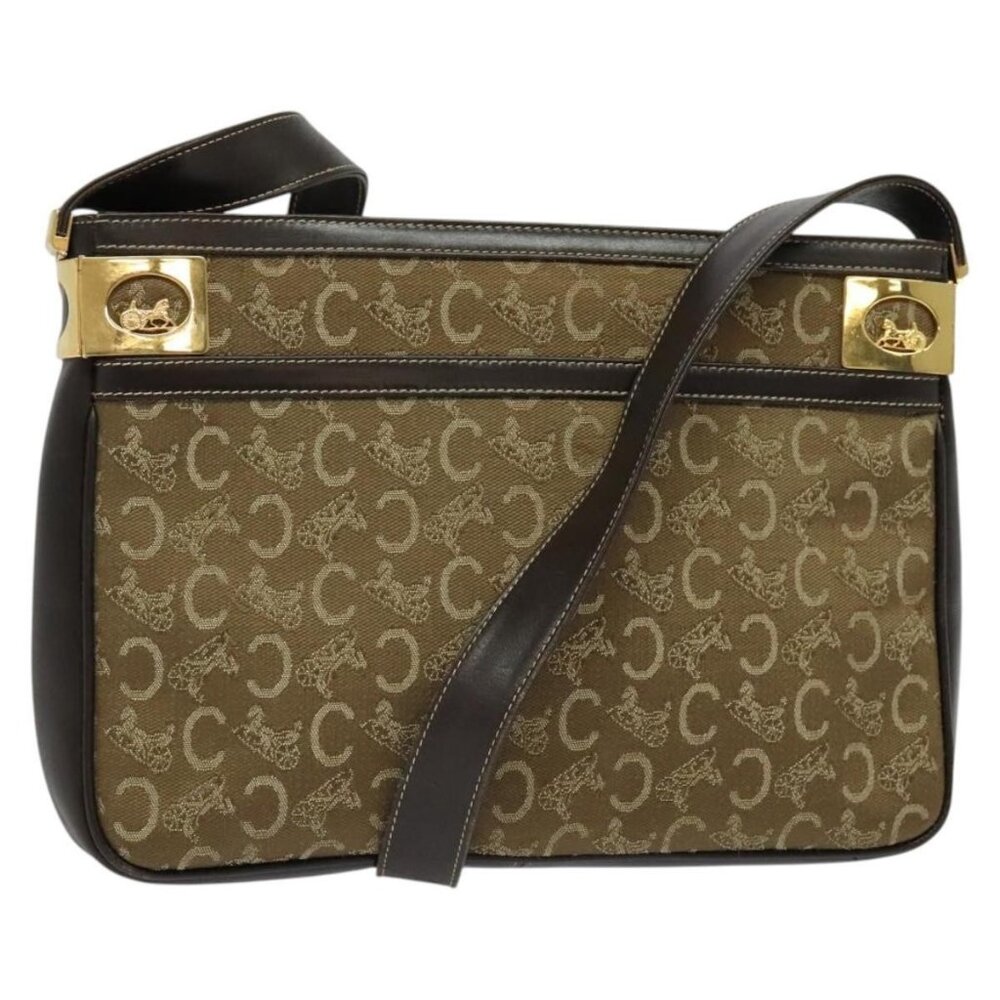 Authentic CELINE C Sulky Shoulder Bag Canvas Beige Gold